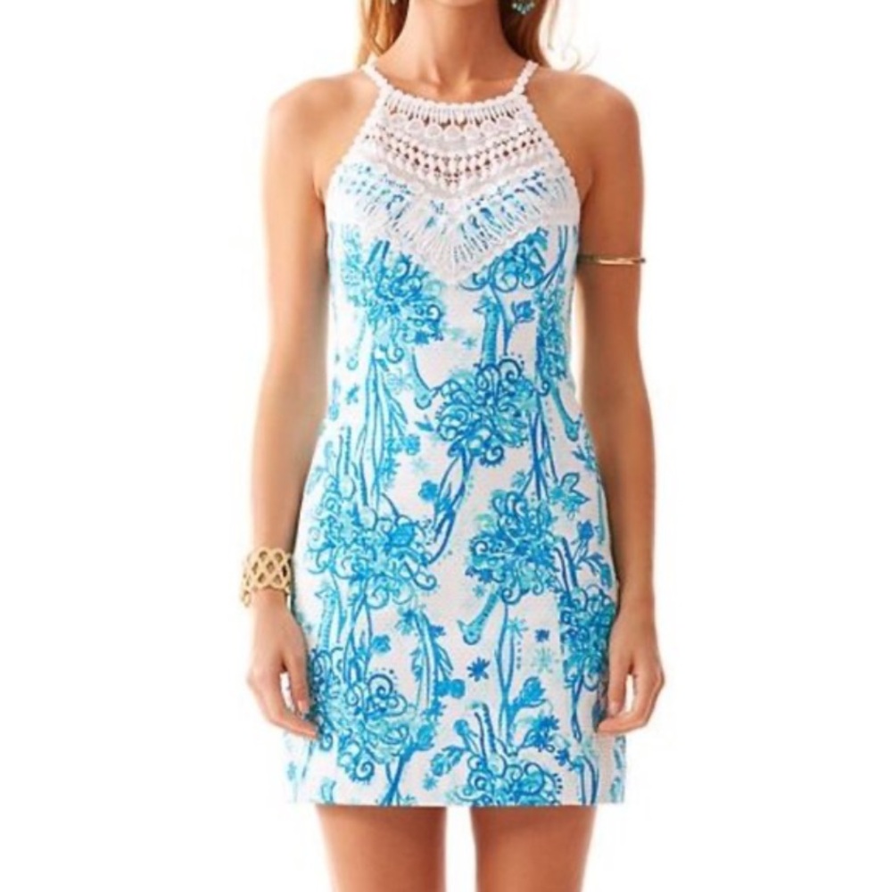 Lilly Pulitzer Pearl Lace Blue
Ostrich Shift Dress Sleeveless
Coastal Size 00.